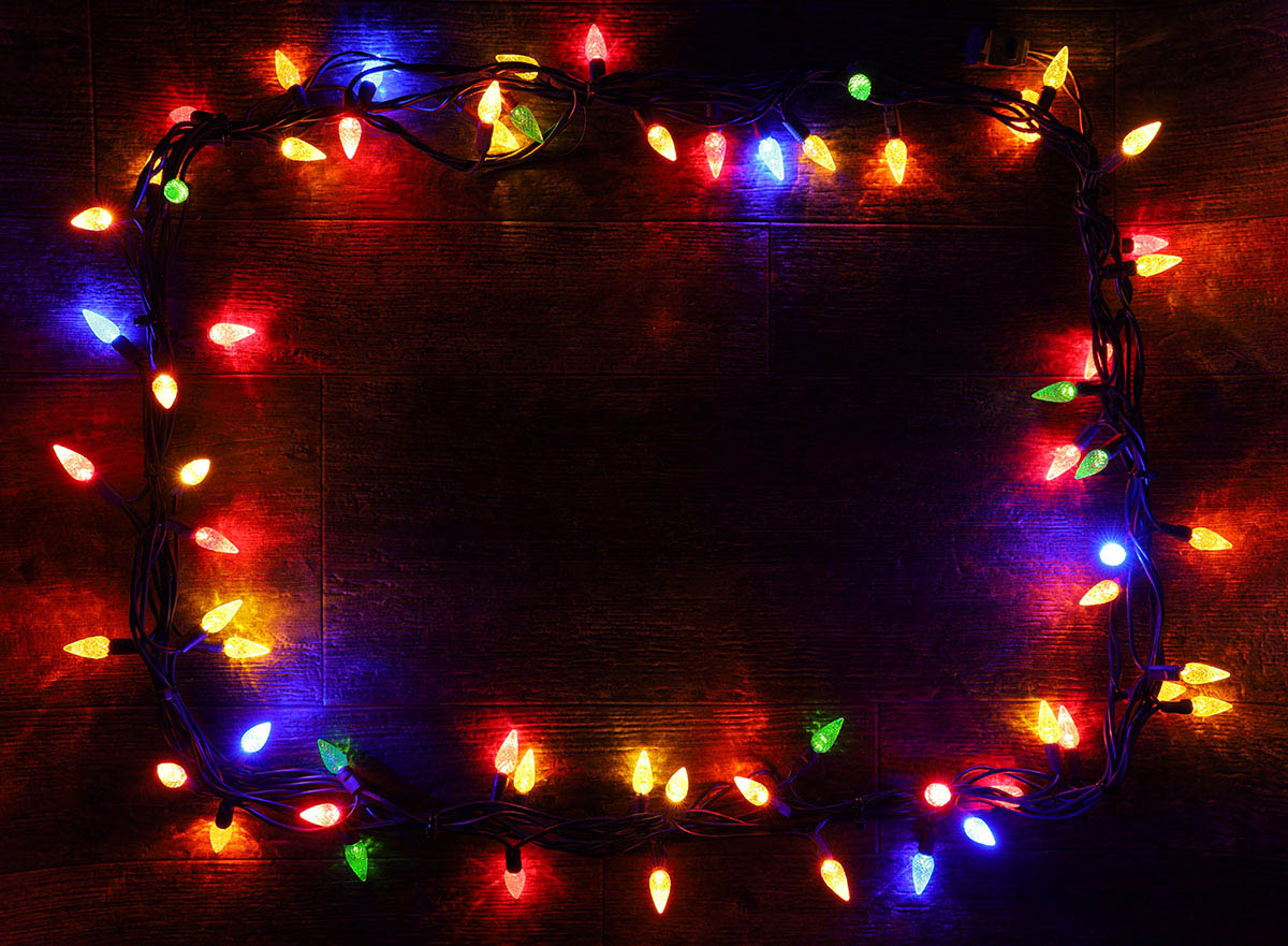 Colorful Christmas Lights on Wood