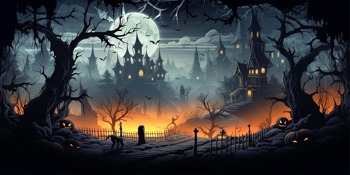 Creepy Halloween Scene with House and Full Moon